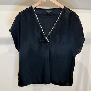 Nicole Miller Black V-Neck Top with Pearl Trim